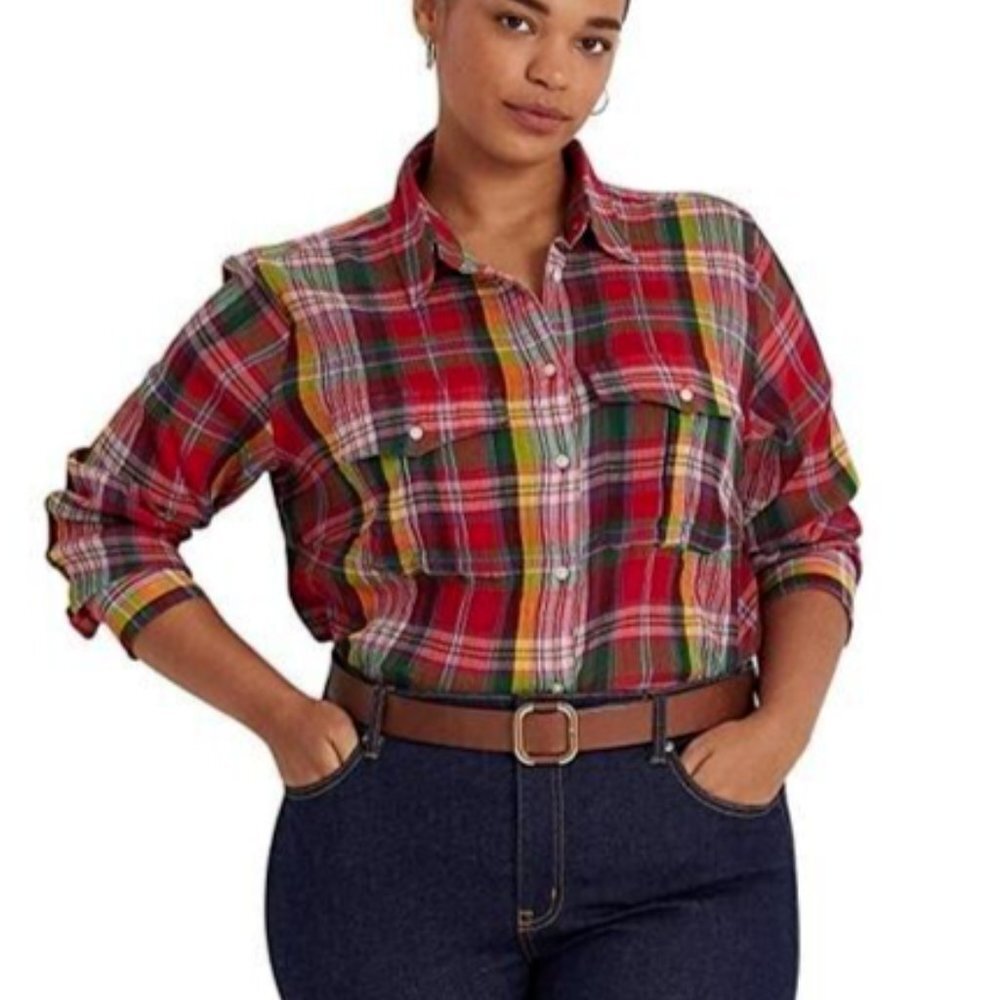 NWT Ralph Lauren Women’s Plus Size Plaid Crinkle Cotton Shirt Size 2X